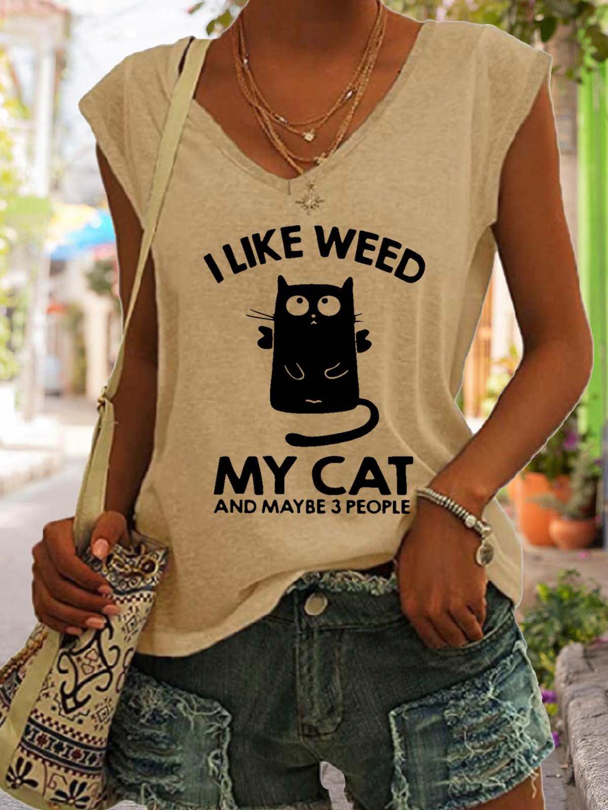 Women Funny Cat Lover I Like Weed My Cat And Maybe 3 People Cotton-Blend Tanks & Camis