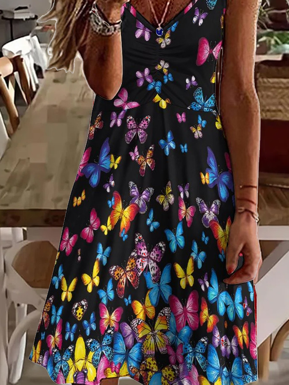Womens Butterfly Casual V Neck Dress