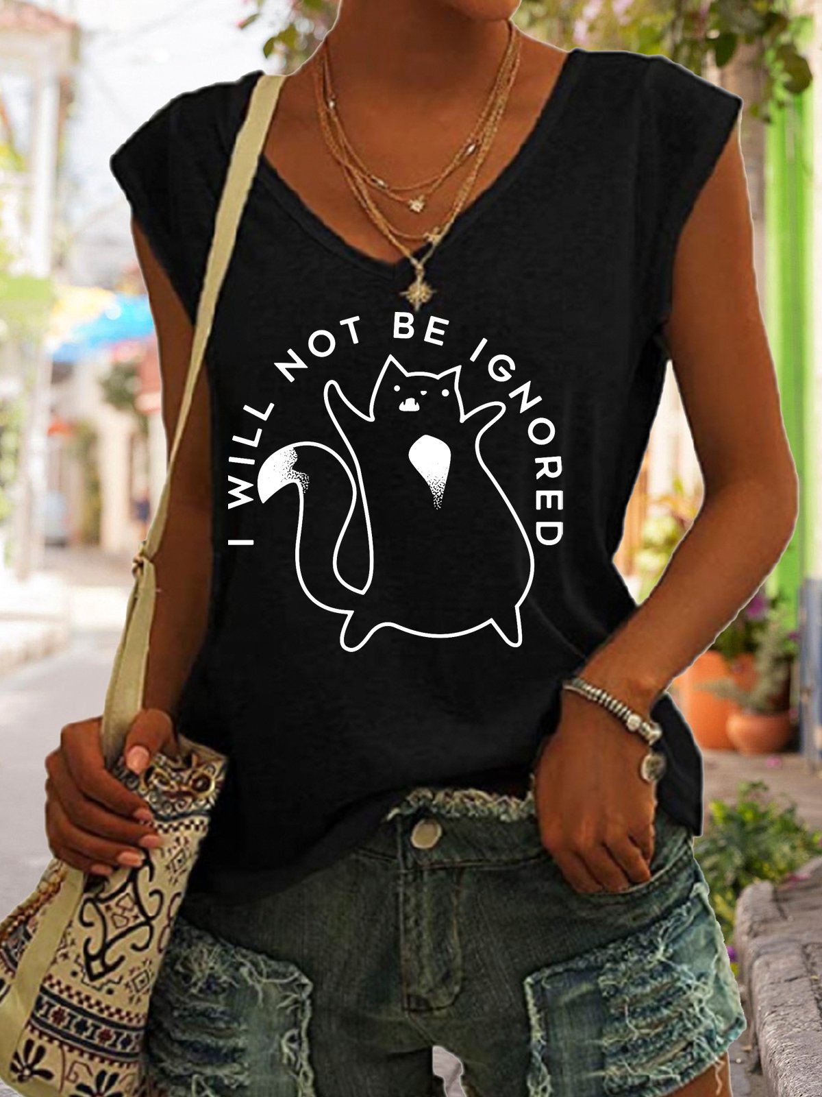 Funny Cat I Will Not Be Ignored V Neck Fit Casual Tanks