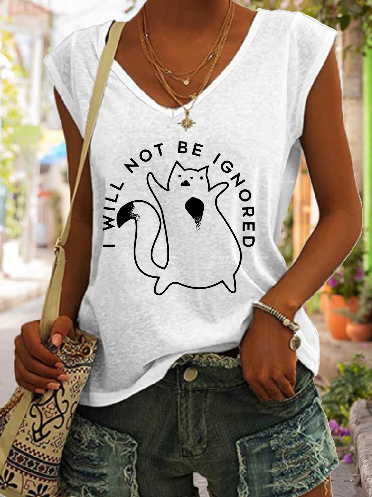 Funny Cat I Will Not Be Ignored V Neck Fit Casual Tanks