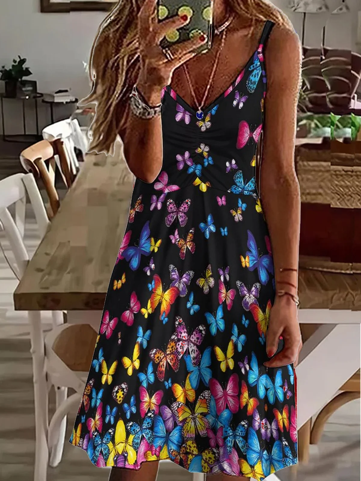 Womens Butterfly Casual V Neck Dress