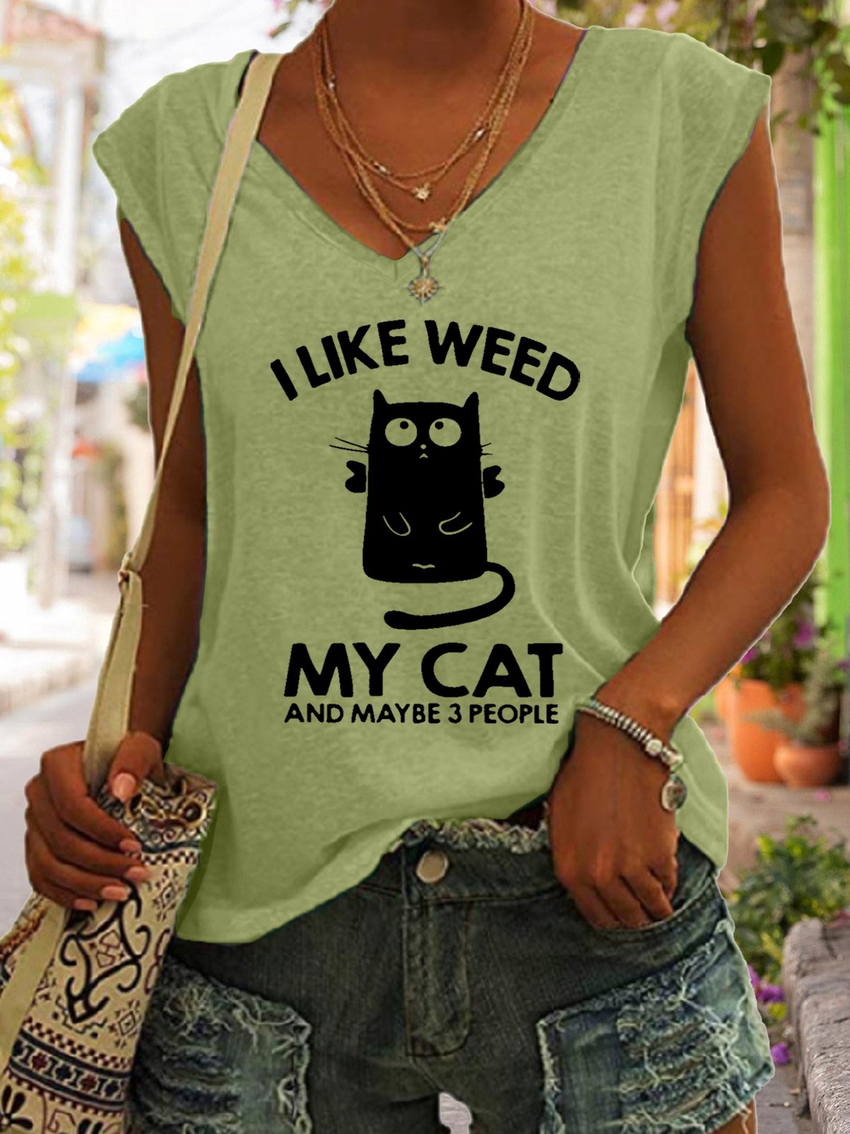 Women Funny Cat Lover I Like Weed My Cat And Maybe 3 People Cotton-Blend Tanks & Camis