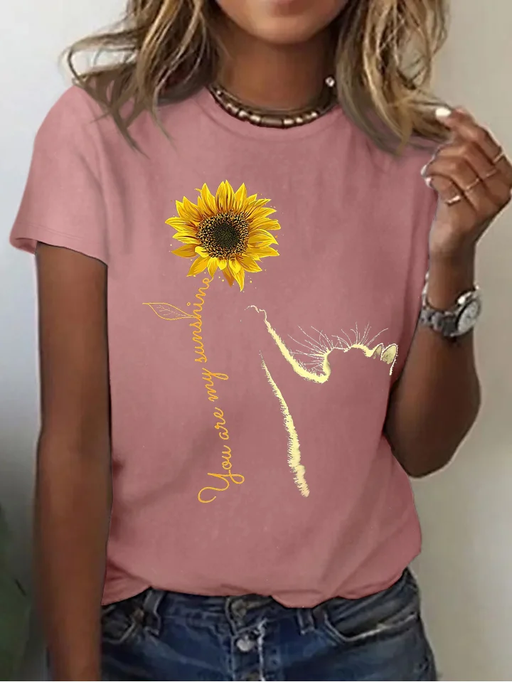 Women Sunflower and Cat You Are My Sunshine Cotton Simple Crew Neck T-Shirt