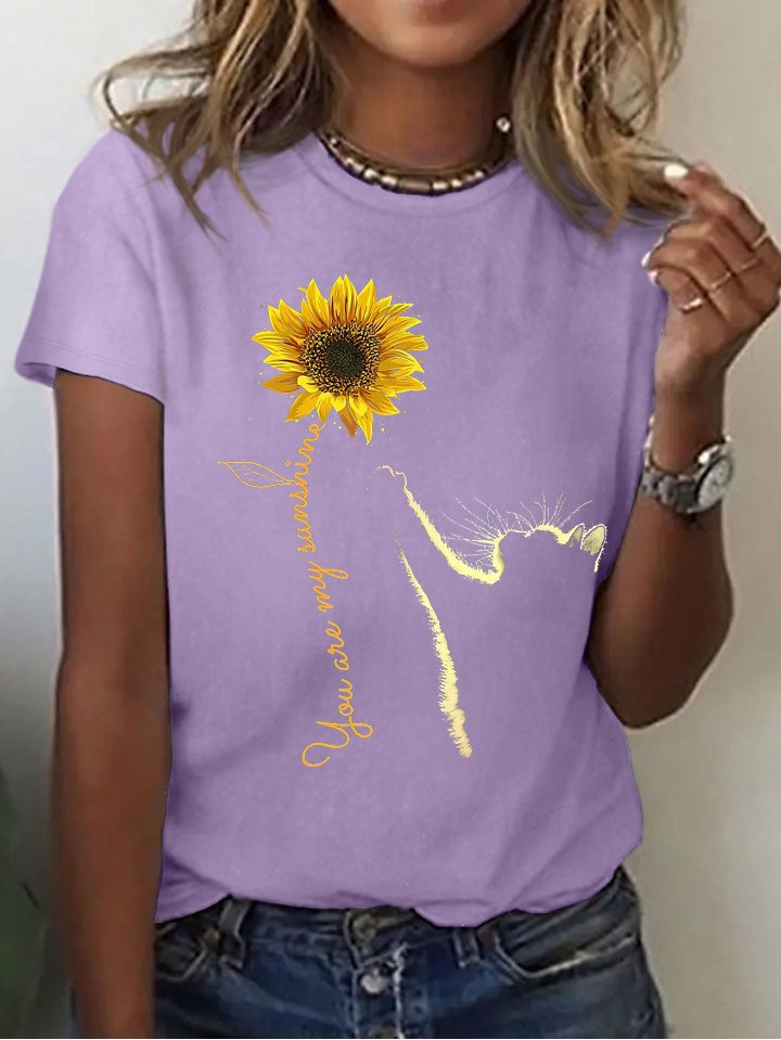 Women Sunflower and Cat You Are My Sunshine Cotton Simple Crew Neck T-Shirt