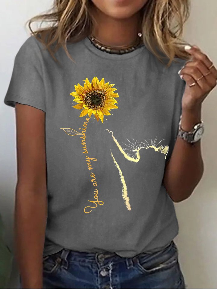 Women Sunflower and Cat You Are My Sunshine Cotton Simple Crew Neck T-Shirt