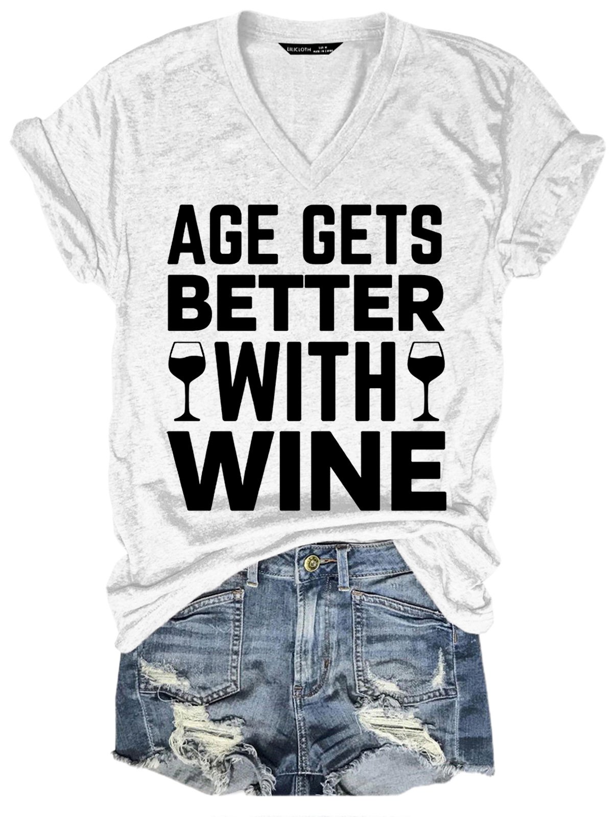 Womens Funny Alcohol Letters Casual V Neck T-Shirt