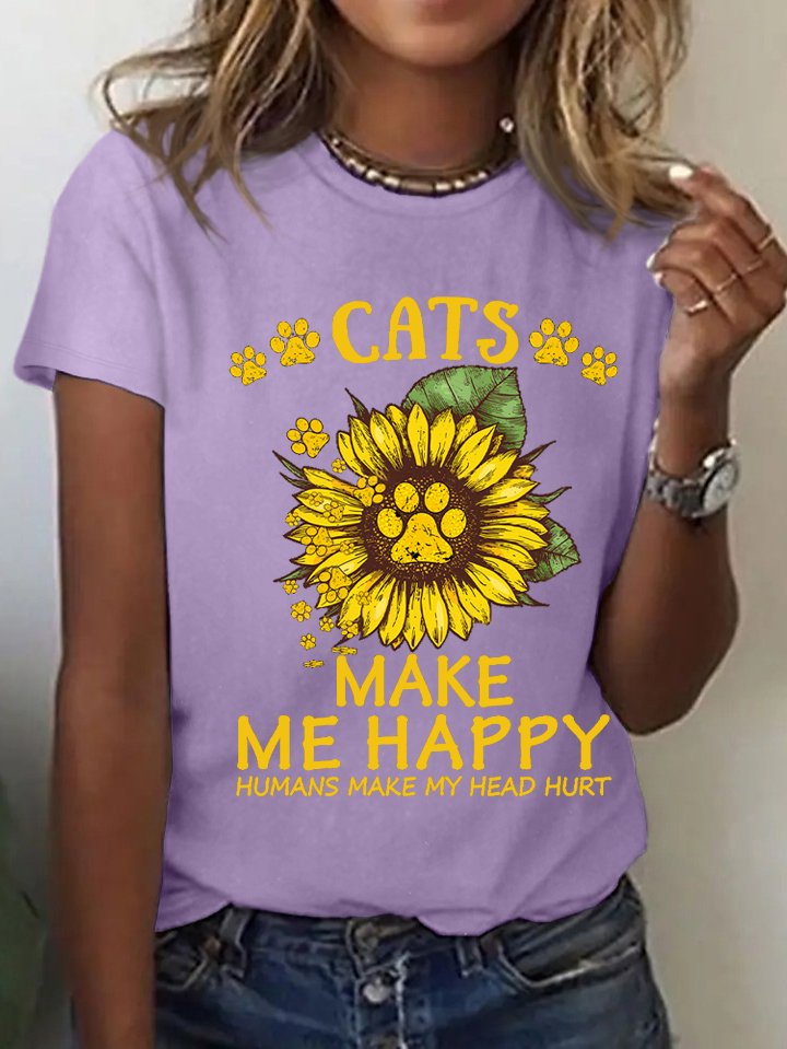 Women Sunflower Paws Cats Make Me Happy Humans Make Me Head Hurt Cotton Loose Simple T-Shirt