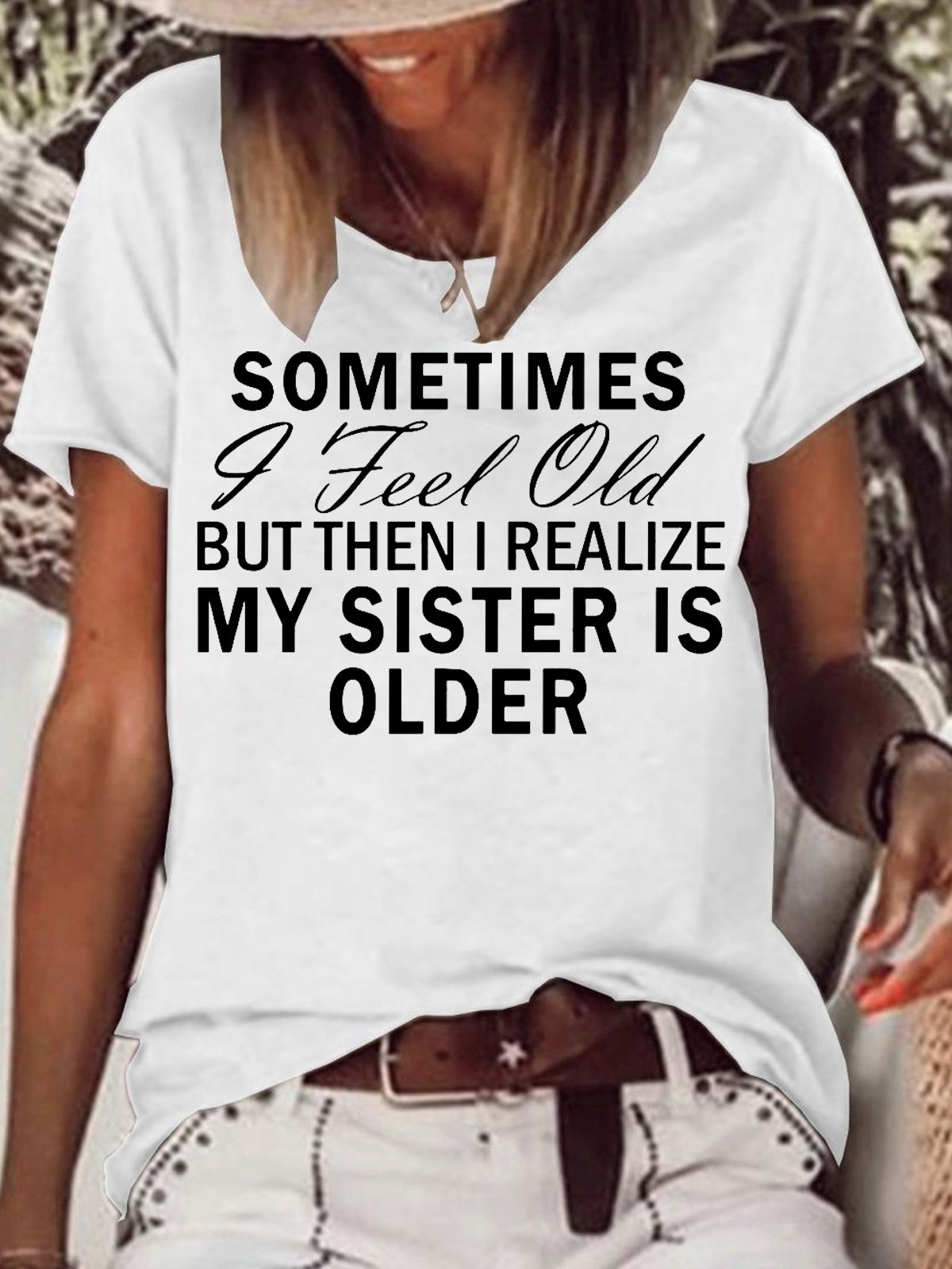 Womens Funny Sister Letters Crew Neck T-Shirt