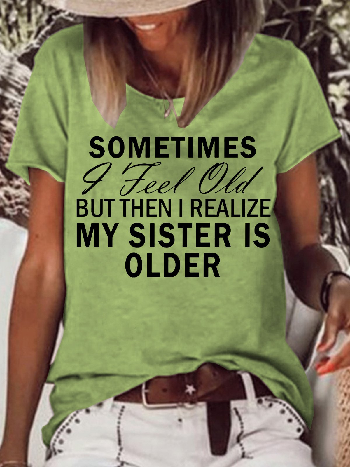 Womens Funny Sister Letters Crew Neck T-Shirt