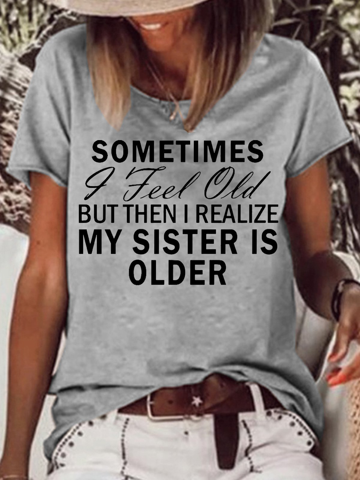 Womens Funny Sister Letters Crew Neck T-Shirt