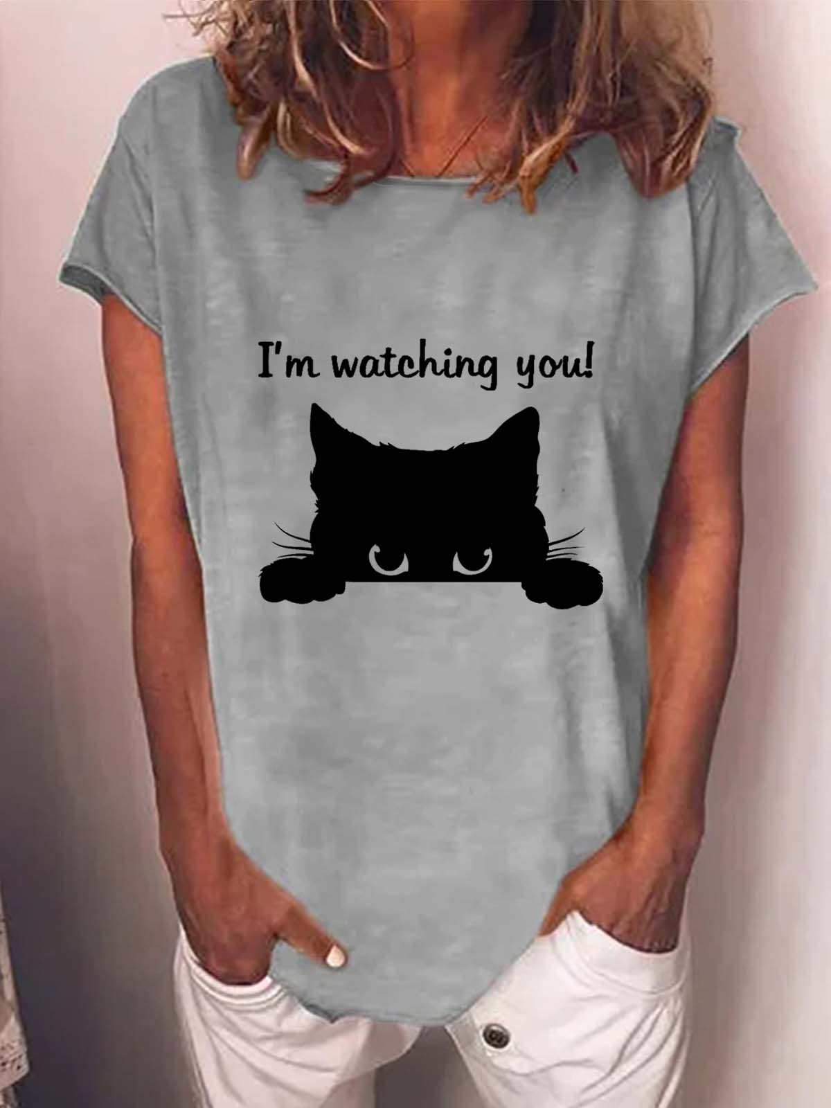 Women Cat Letter Printing Casual Cotton-Blend Cat T-Shirt