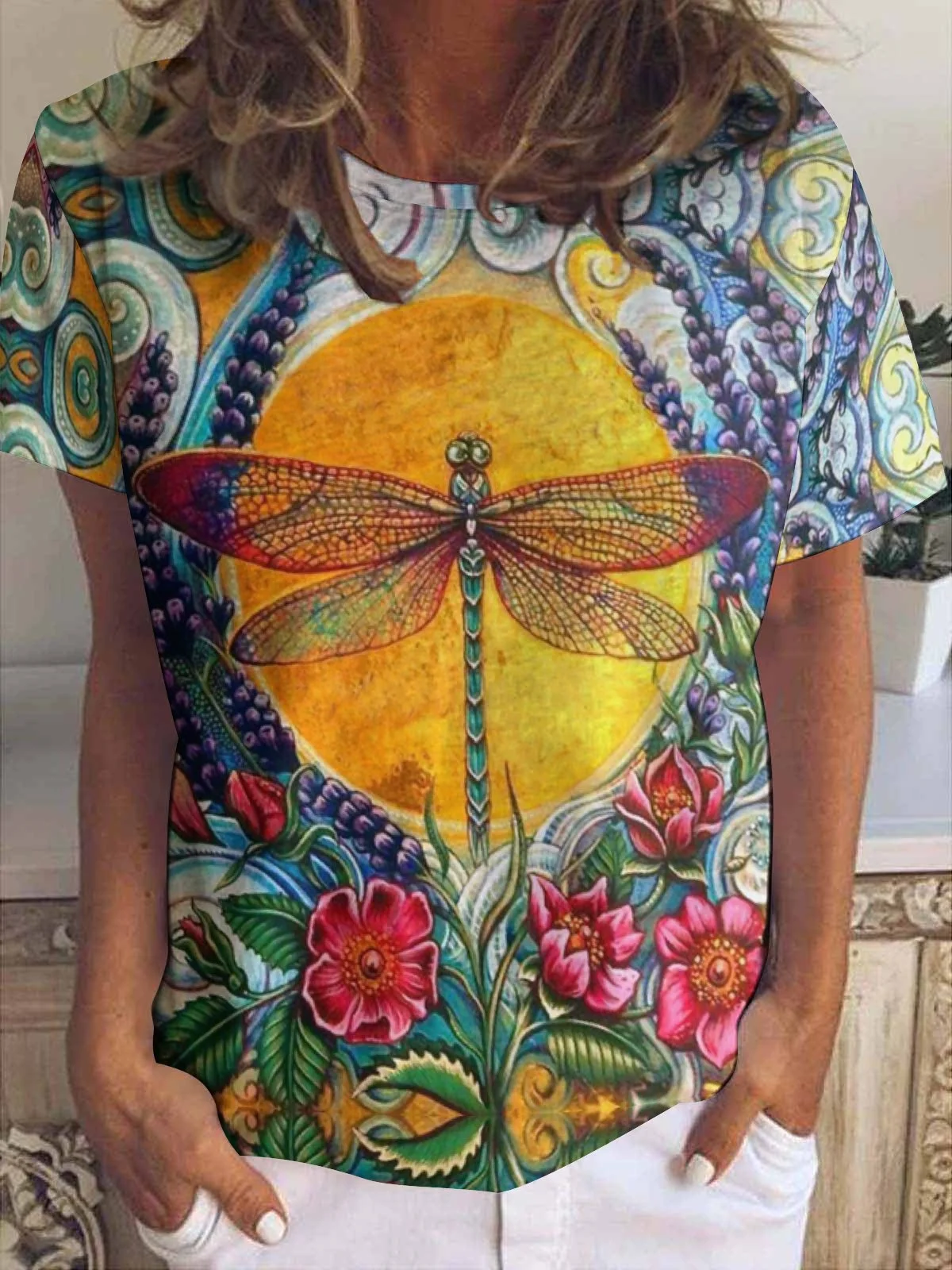 Women Dragonfly Crew Neck Simple T-Shirt