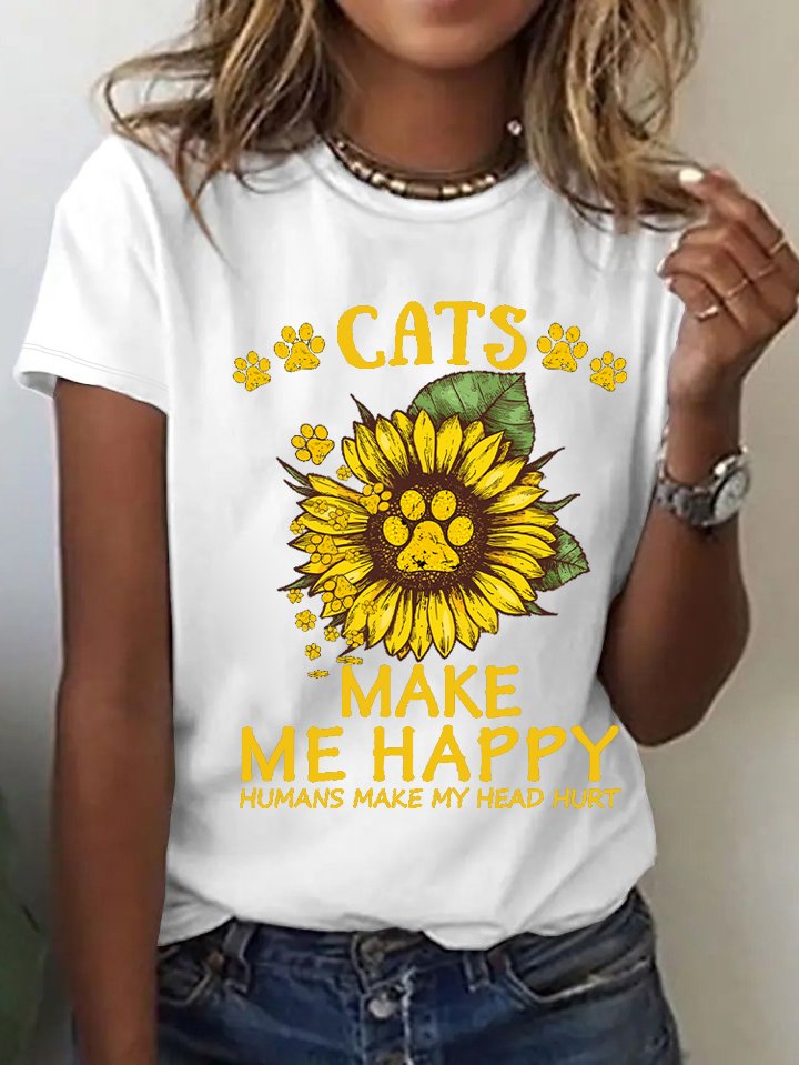 Women Sunflower Paws Cats Make Me Happy Humans Make Me Head Hurt Cotton Loose Simple T-Shirt