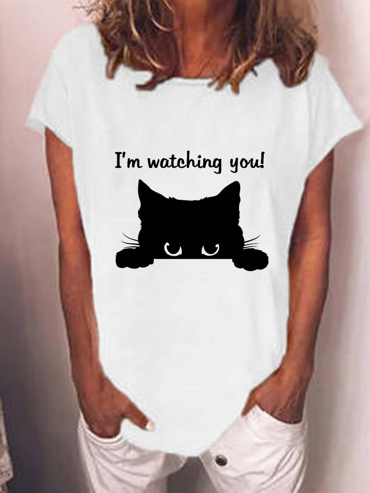 Women Cat Letter Printing Casual Cotton-Blend Cat T-Shirt