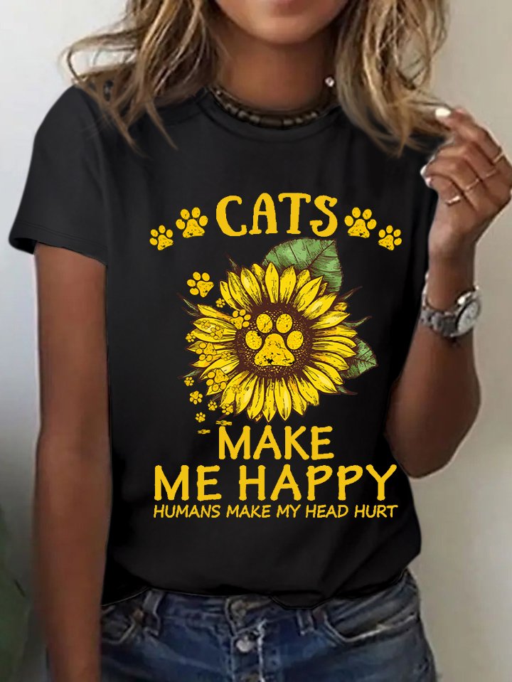 Women Sunflower Paws Cats Make Me Happy Humans Make Me Head Hurt Cotton Loose Simple T-Shirt