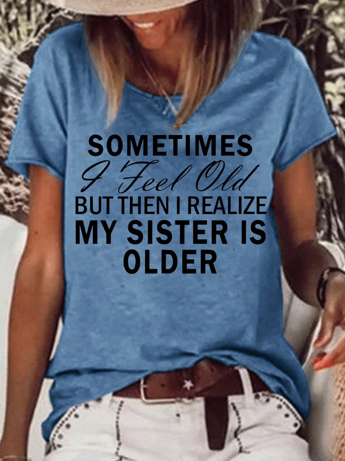 Womens Funny Sister Letters Crew Neck T-Shirt