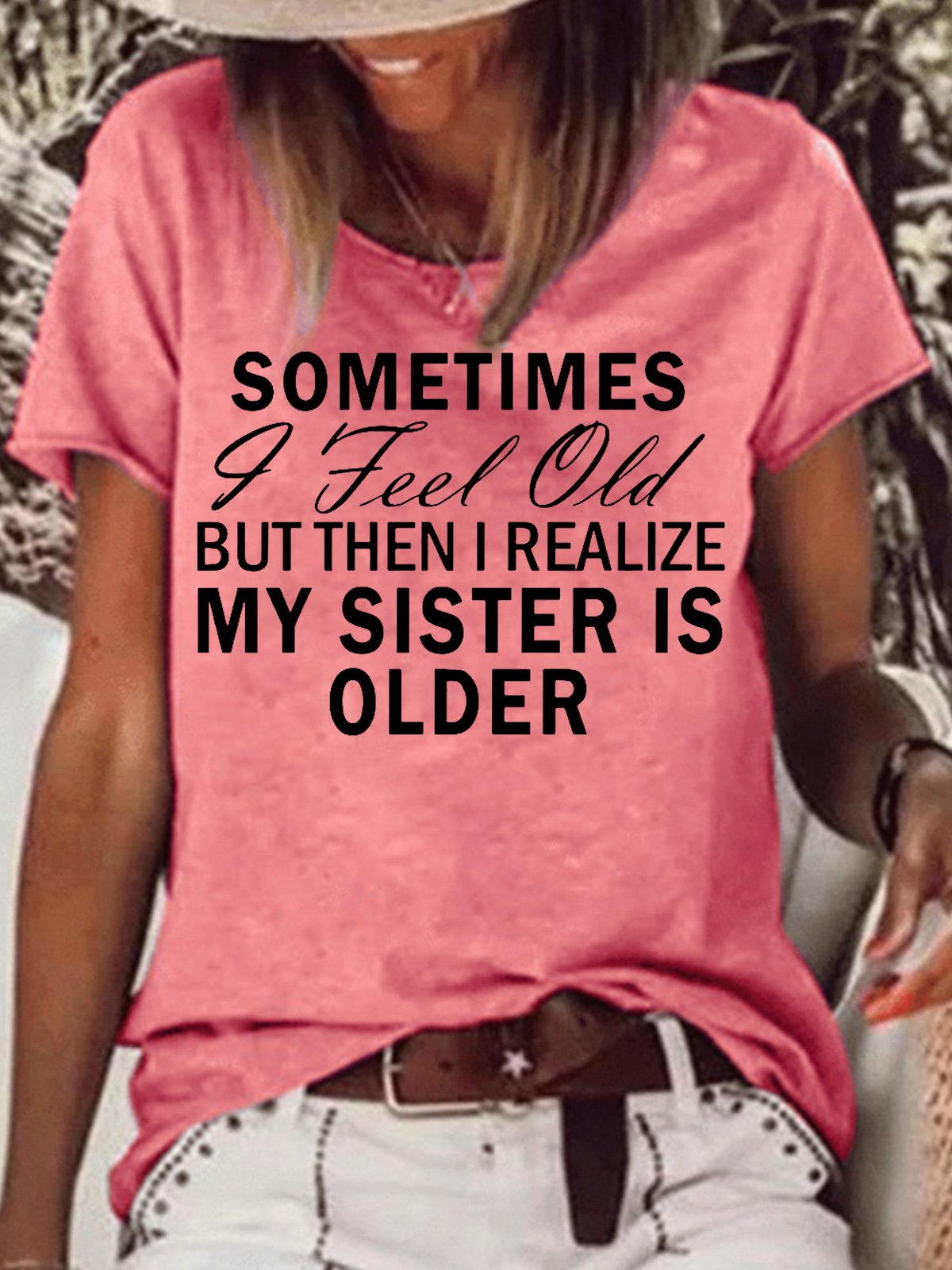 Womens Funny Sister Letters Crew Neck T-Shirt