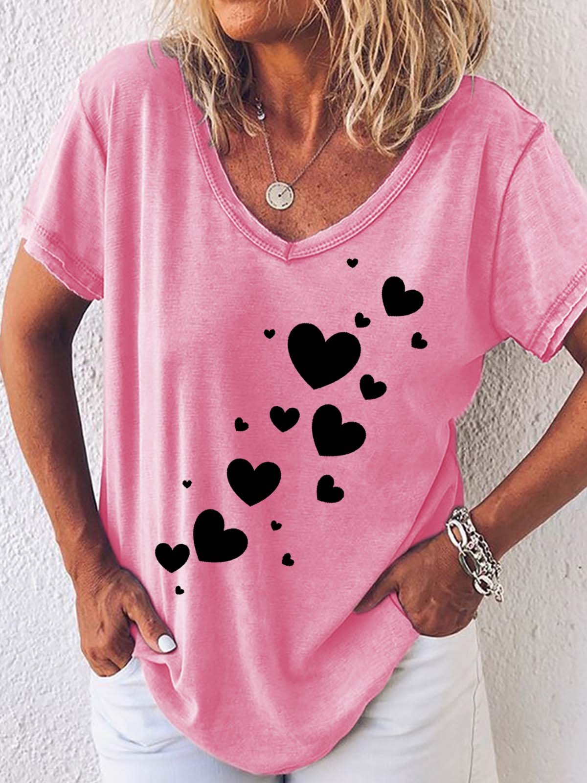 Women Cordate Love Printing Cotton-Blend Casual V Neck T-Shirt