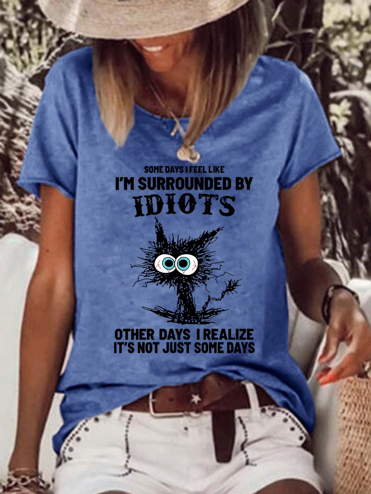 Women Funny Black Cat Someday You Fell Like You’re Surrounded By Idiots Loose T-Shirt