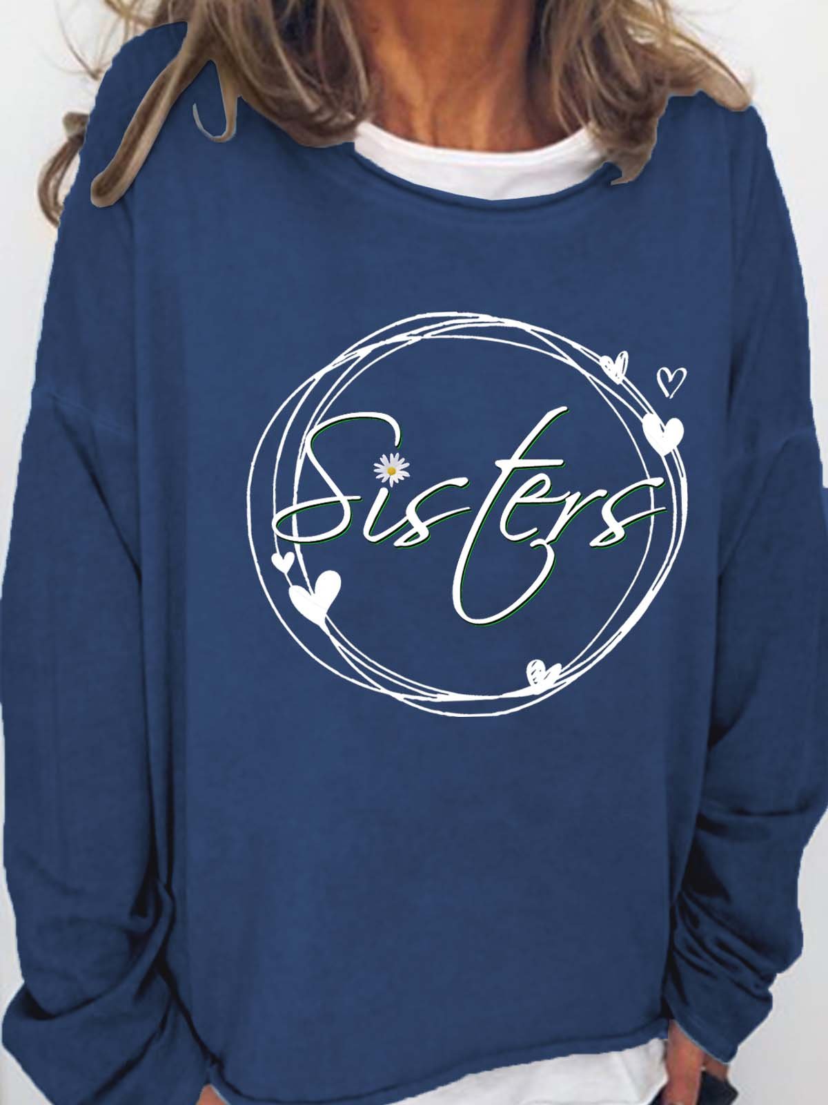 Women Floral Sisters Crew Neck Casual Text Letters Sweatshirts