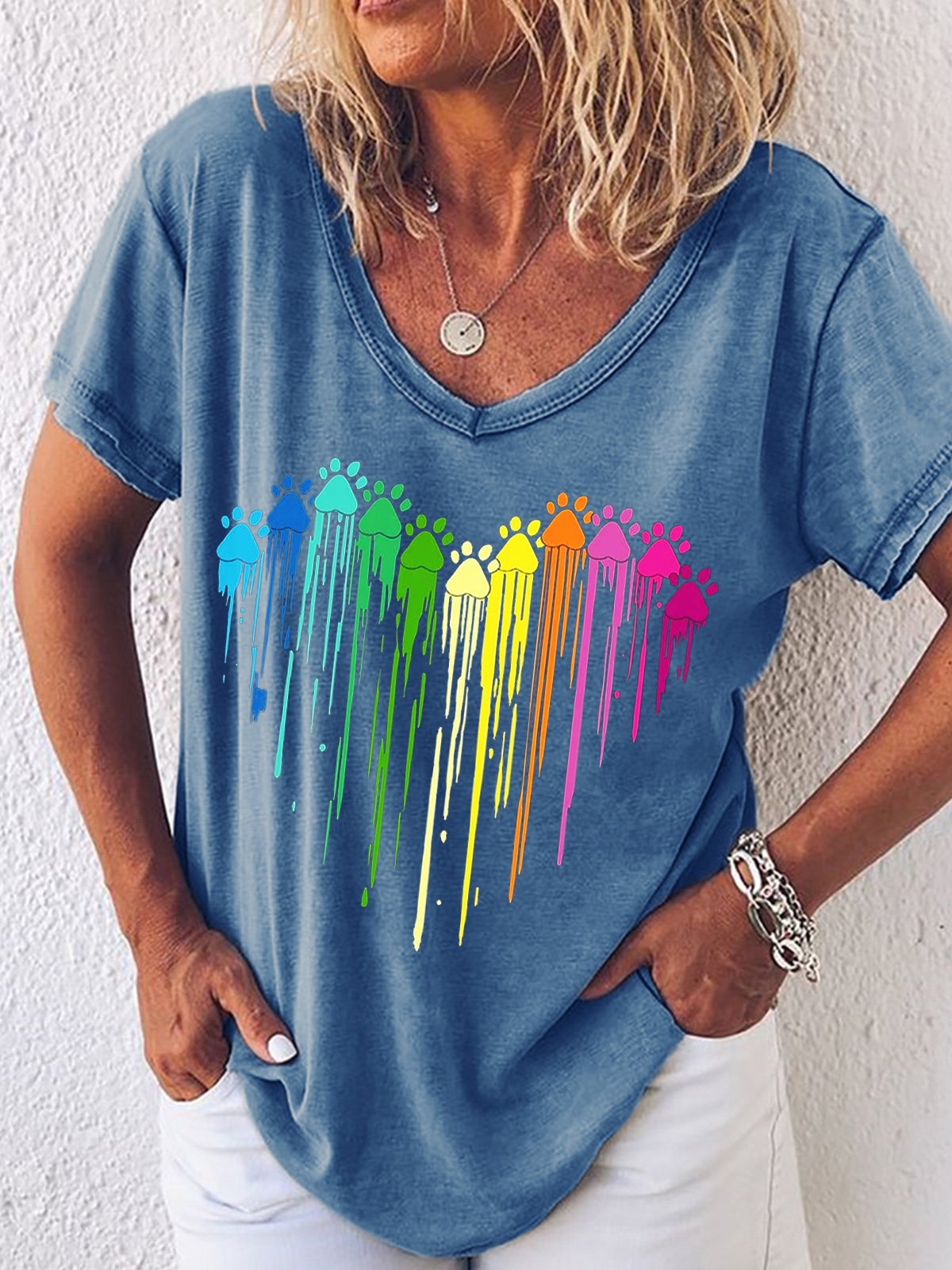 Womens Colorful Paw Print Crew Neck T-Shirt