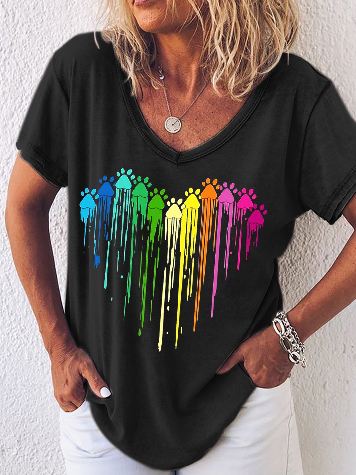 Womens Colorful Paw Print Crew Neck T-Shirt