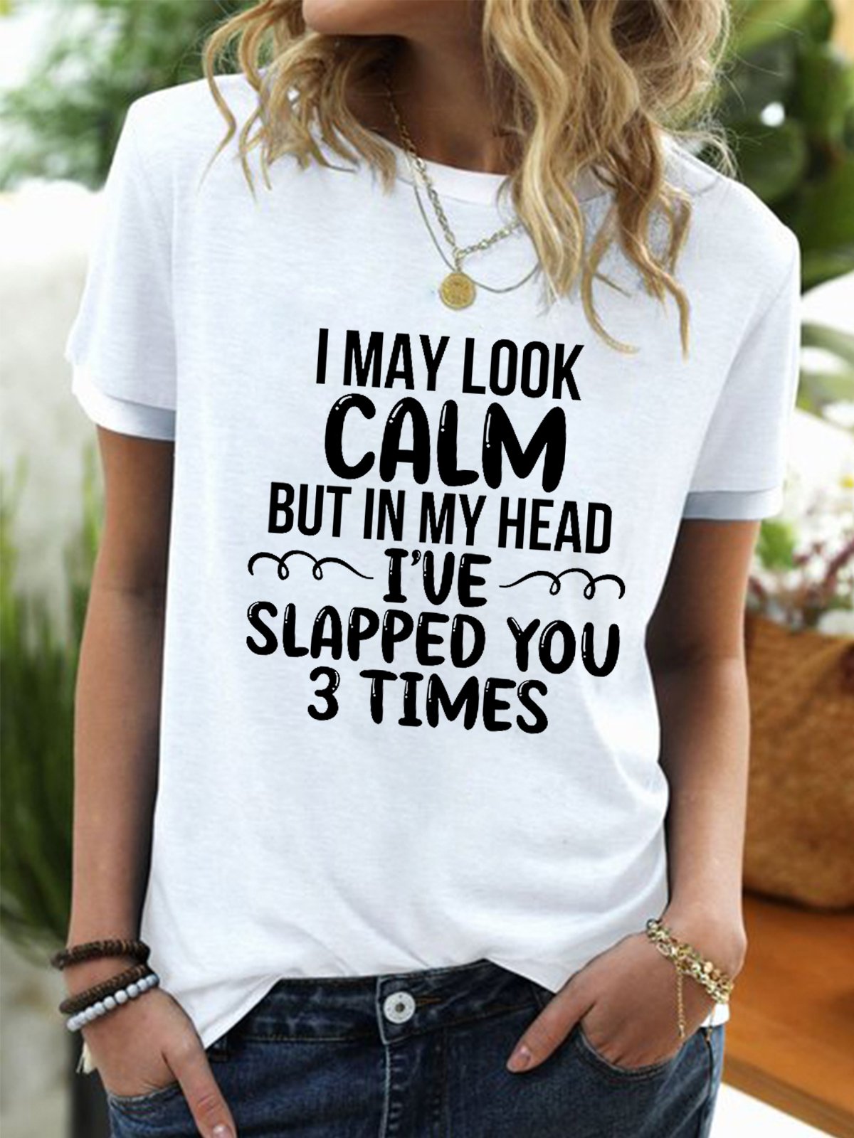 Women Funny I May Look Calm Simple Cotton-Blend Regular Fit T-Shirt