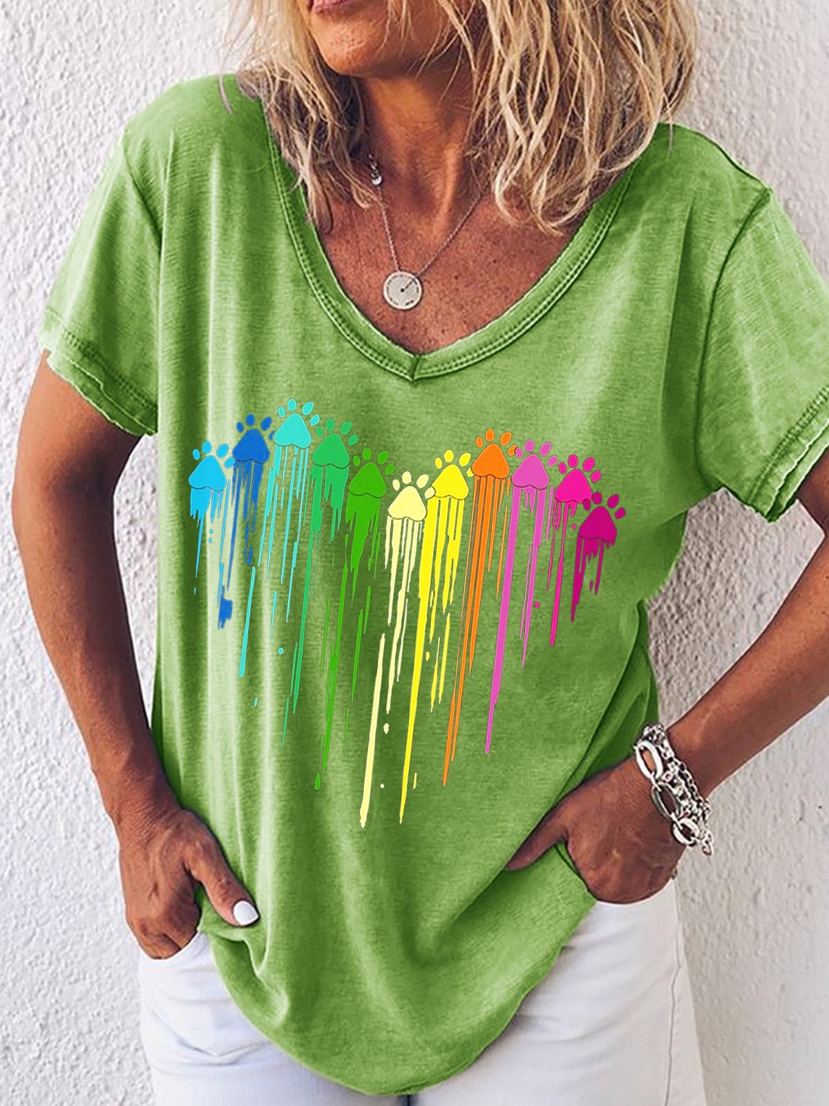 Womens Colorful Paw Print Crew Neck T-Shirt