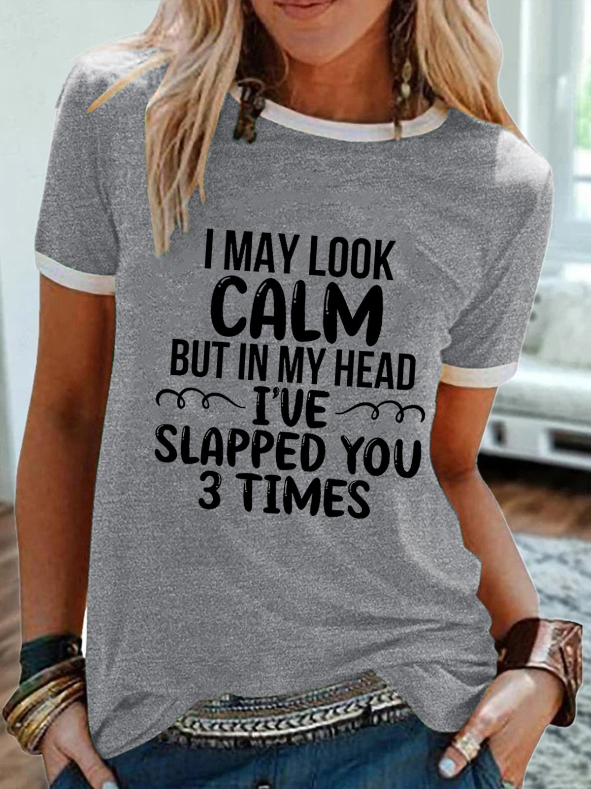 Women Funny I May Look Calm Simple Cotton-Blend Regular Fit T-Shirt