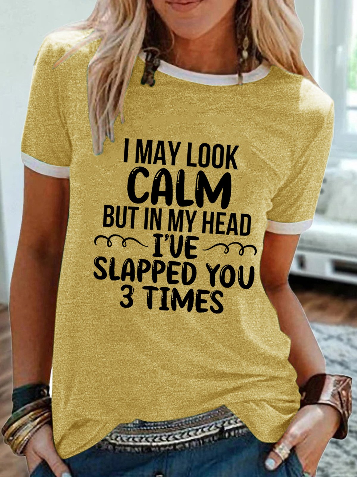 Women Funny I May Look Calm Simple Cotton-Blend Regular Fit T-Shirt