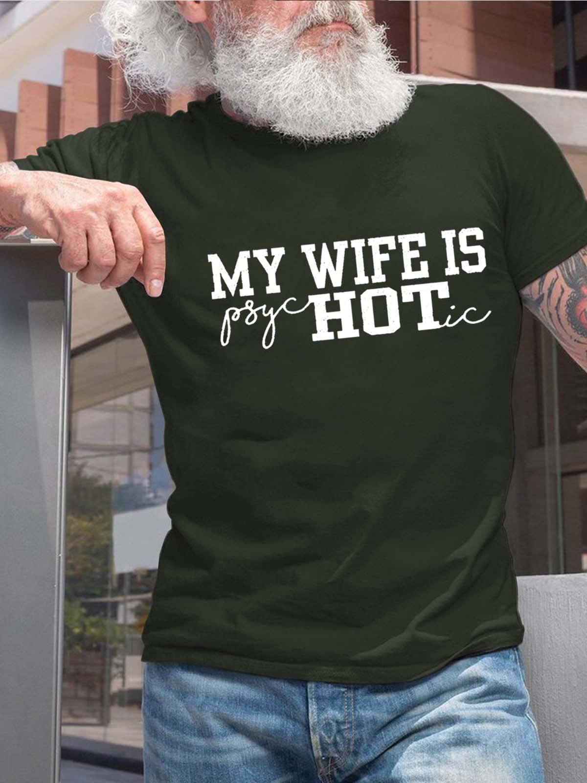 Men Wife Letter Casual Crew Neck Text Letters T-Shirt