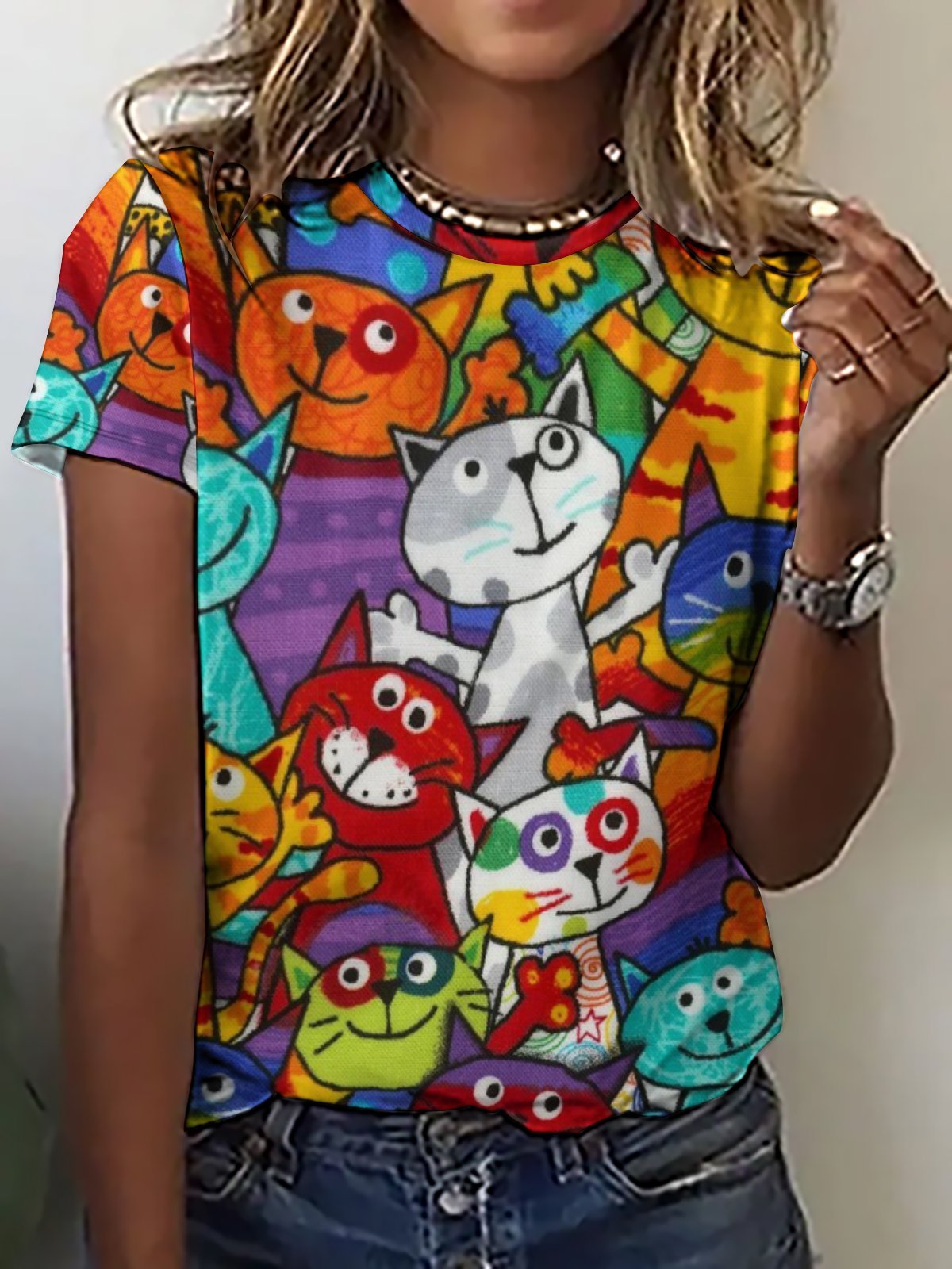 Womens Happy Cat Print Casual T-Shirt