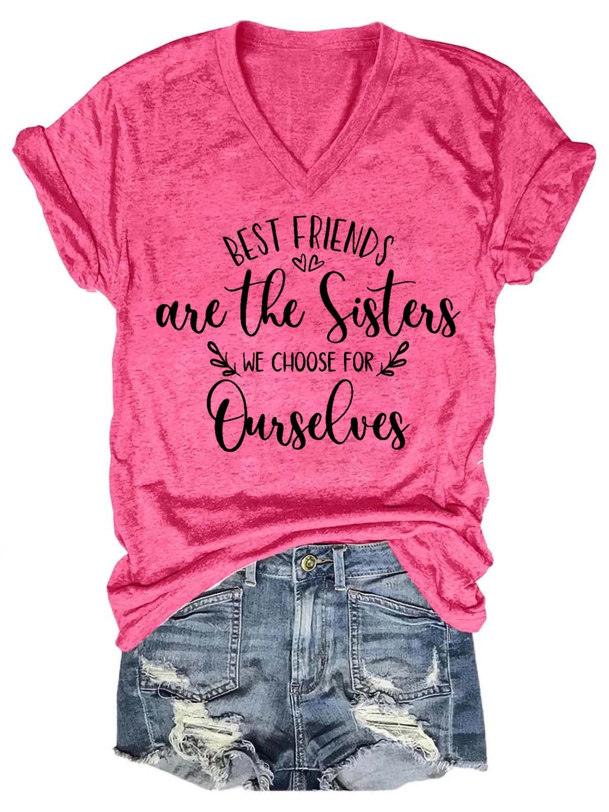 Women Sisters Letter Figure V Neck Casual T-Shirt