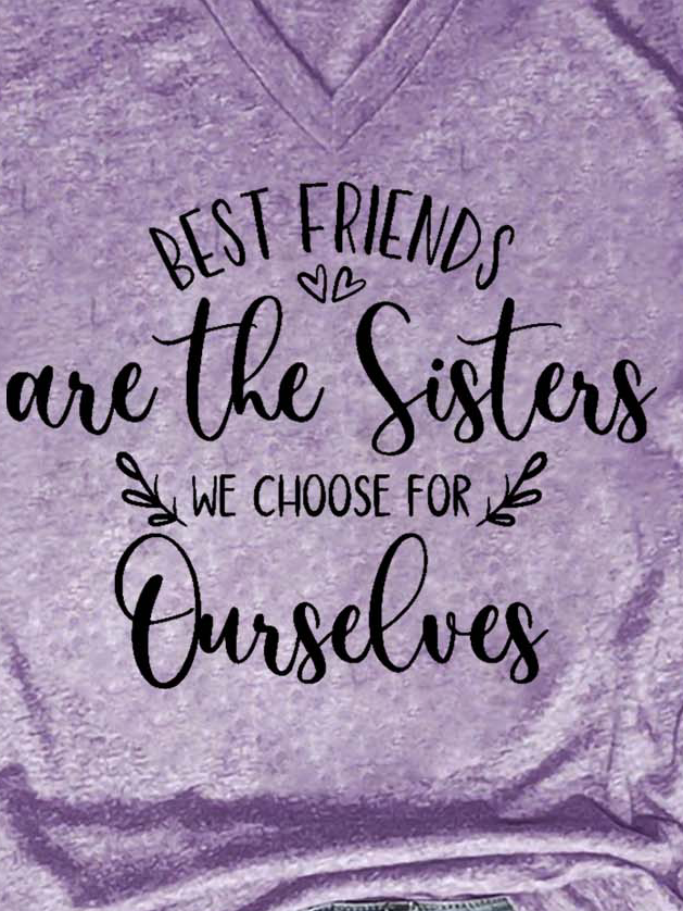 Women Sisters Letter Figure V Neck Casual T-Shirt