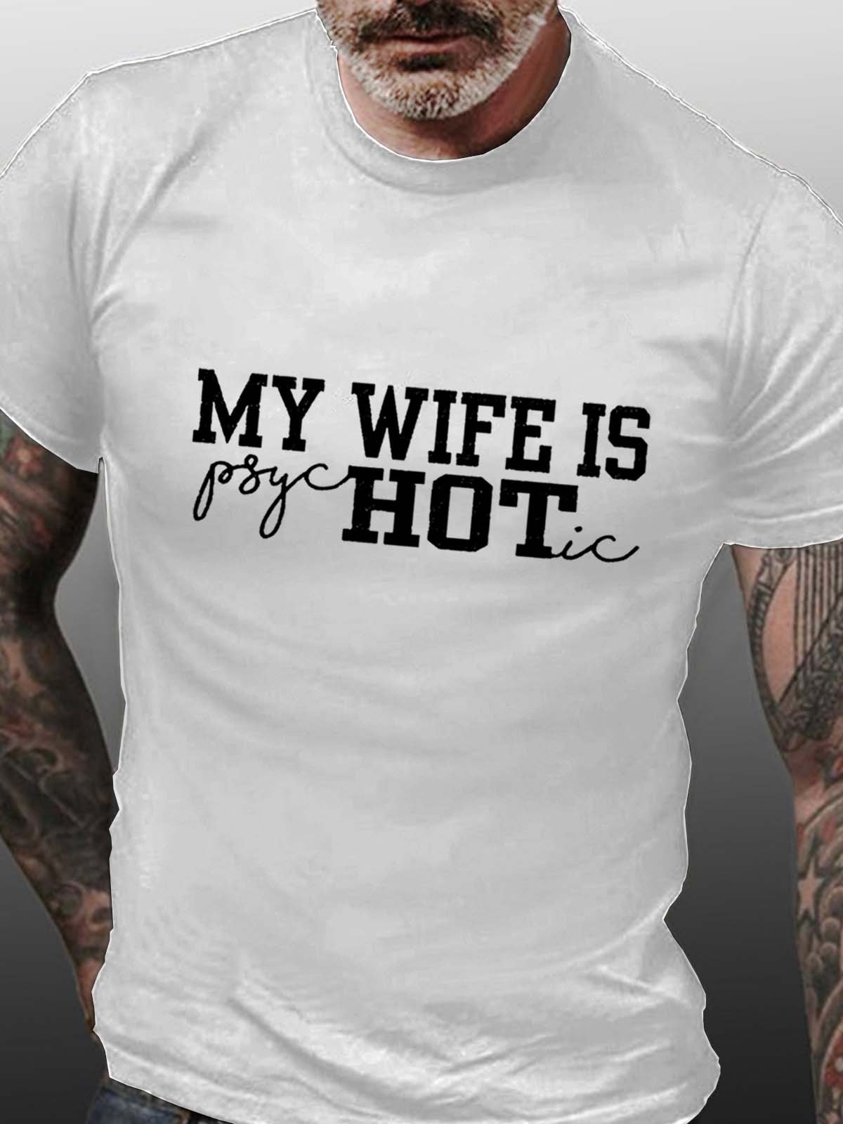 Men Wife Letter Casual Crew Neck Text Letters T-Shirt