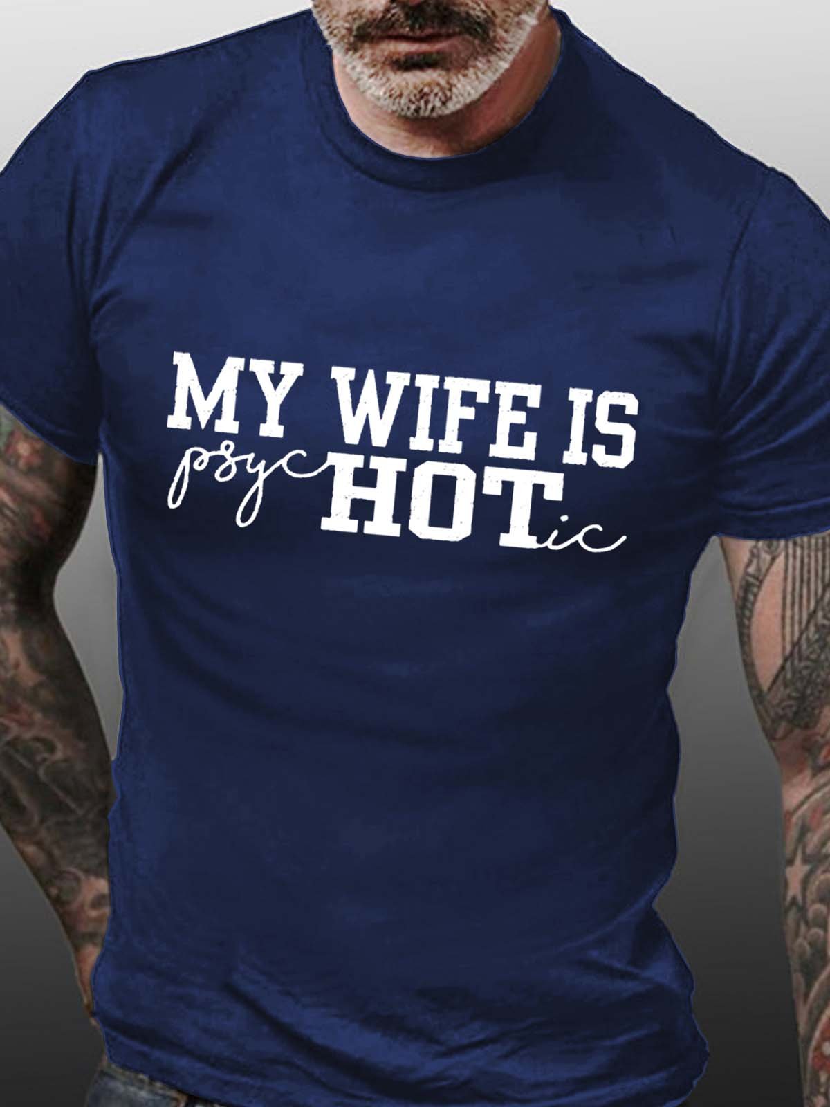 Men Wife Letter Casual Crew Neck Text Letters T-Shirt