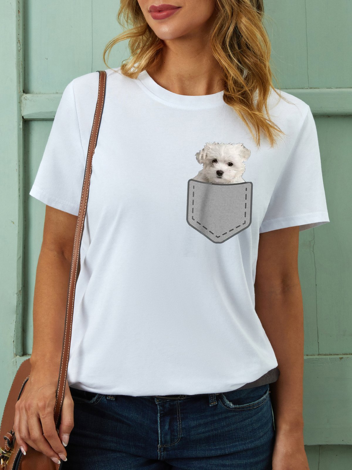 Womens Cute Puppy Dog In Your Pocket Crew Neck Tops