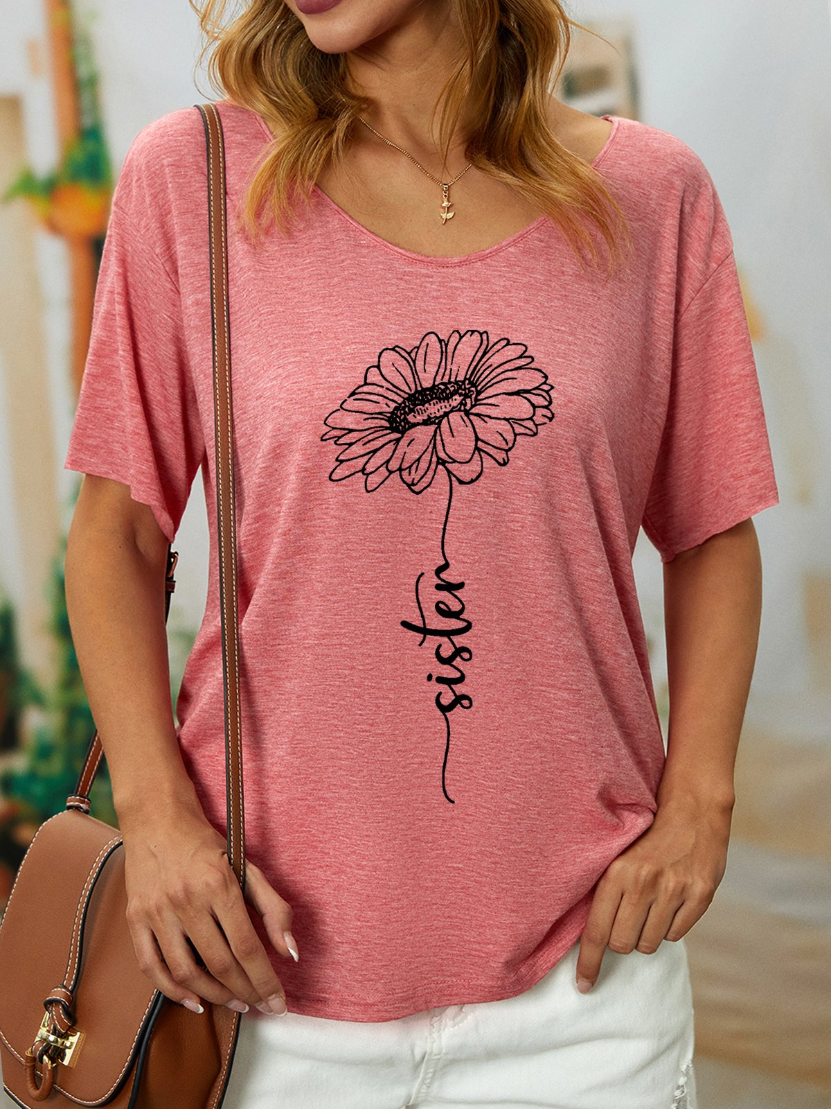 Women Funny Sister cursive type sunflower Cotton-Blend T-Shirt