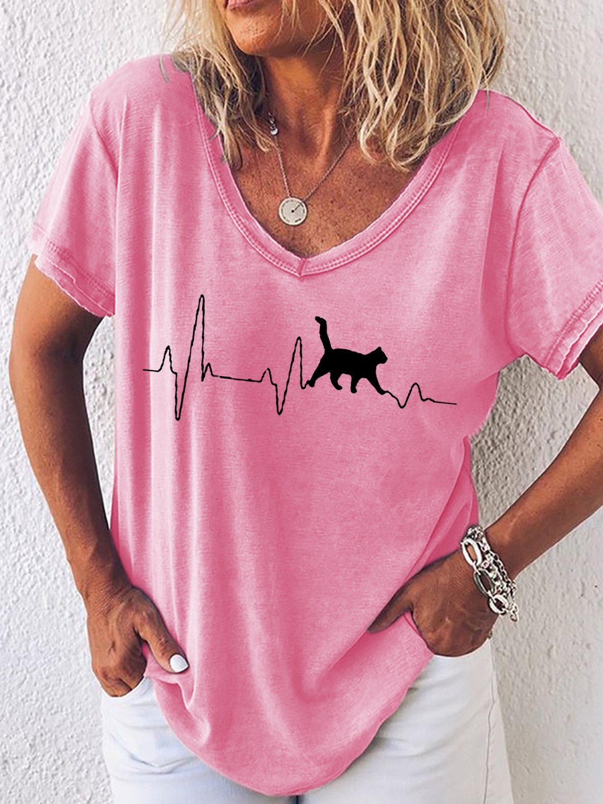 Women's Fashion Funny Cat Heartbeat Lifeline Print Casual T-Shirt