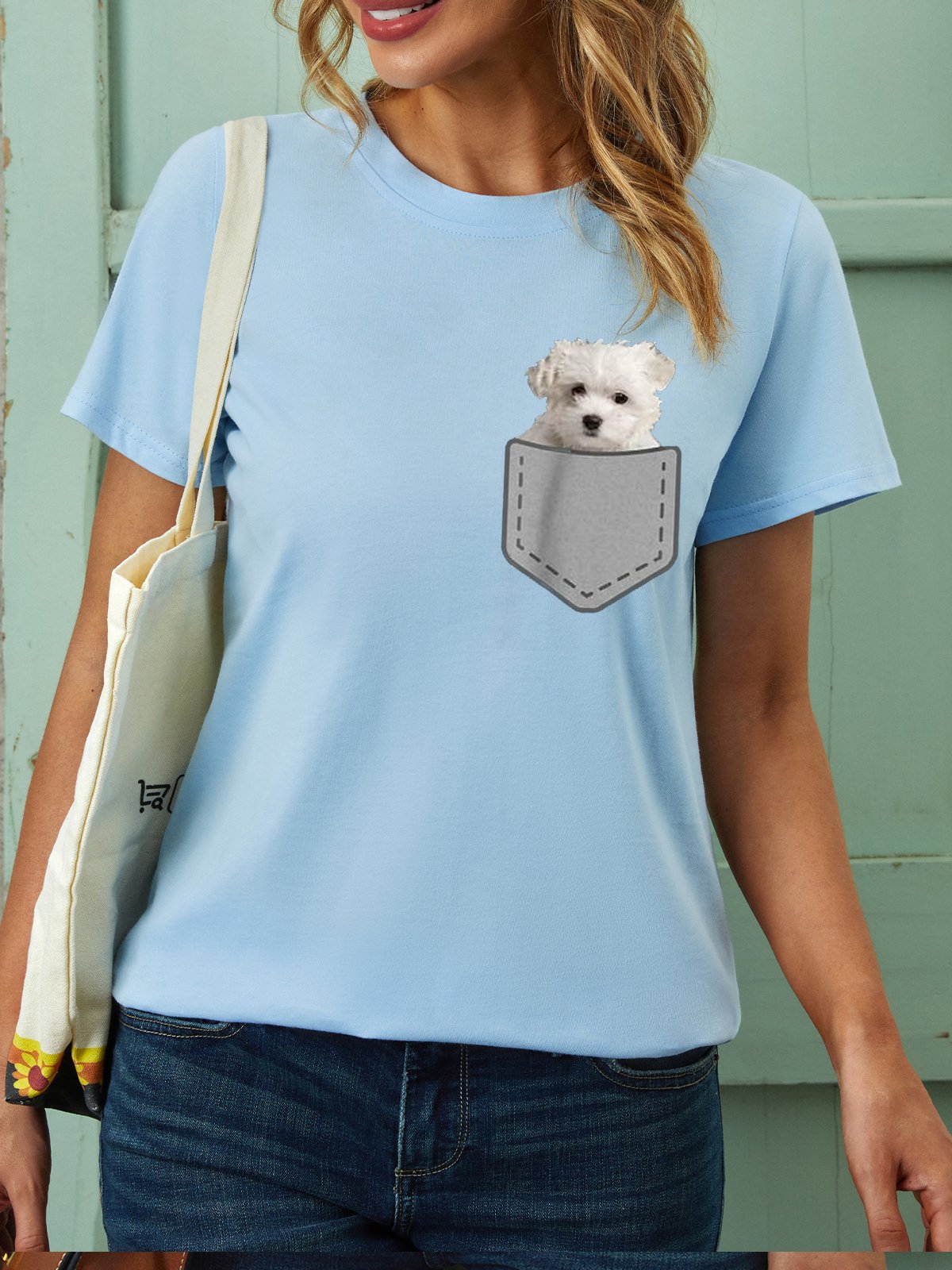 Womens Cute Puppy Dog In Your Pocket Crew Neck Tops