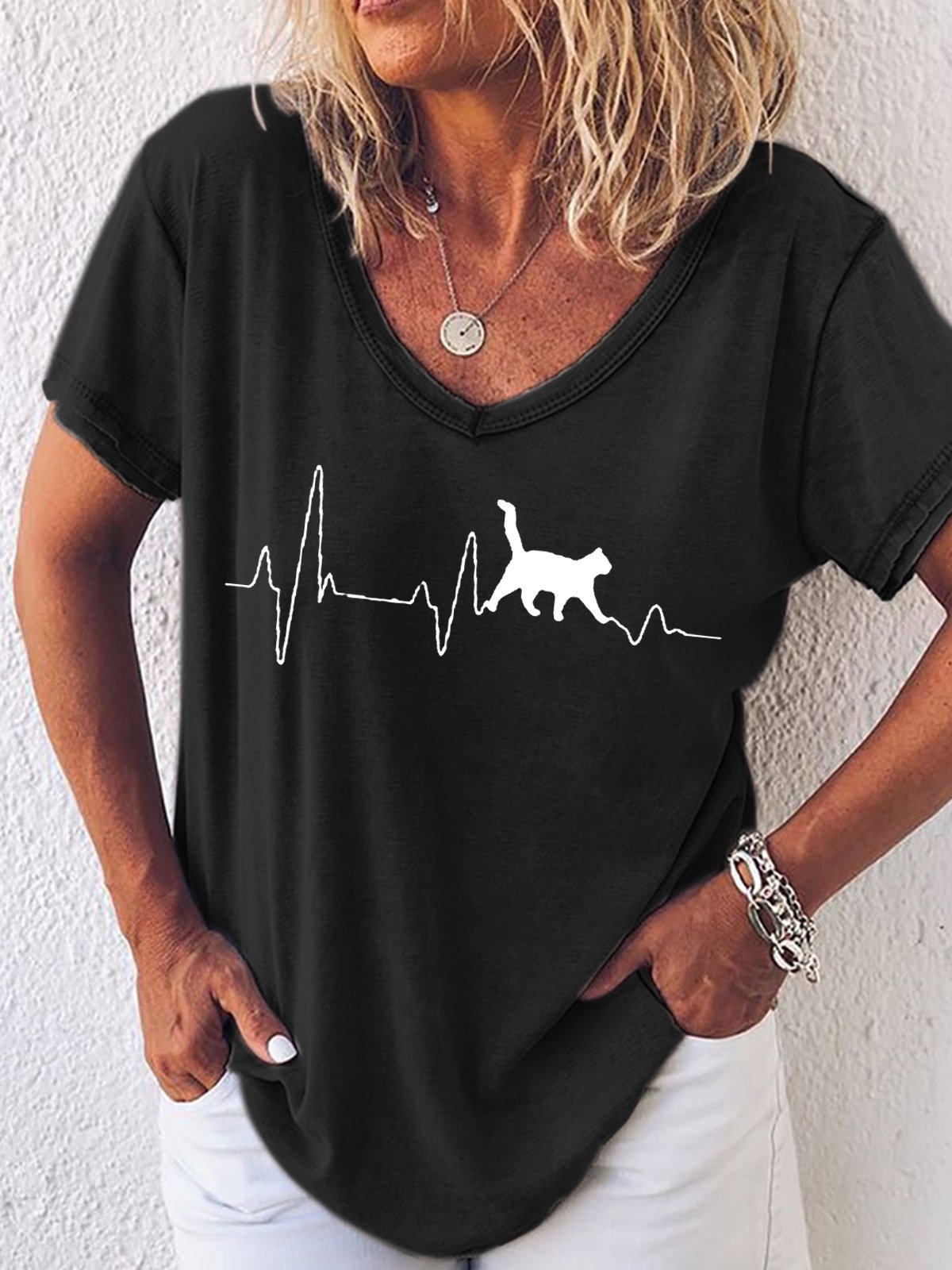 Women's Fashion Funny Cat Heartbeat Lifeline Print Casual T-Shirt