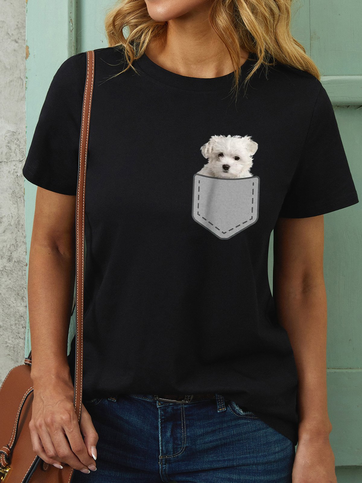 Womens Cute Puppy Dog In Your Pocket Crew Neck Tops