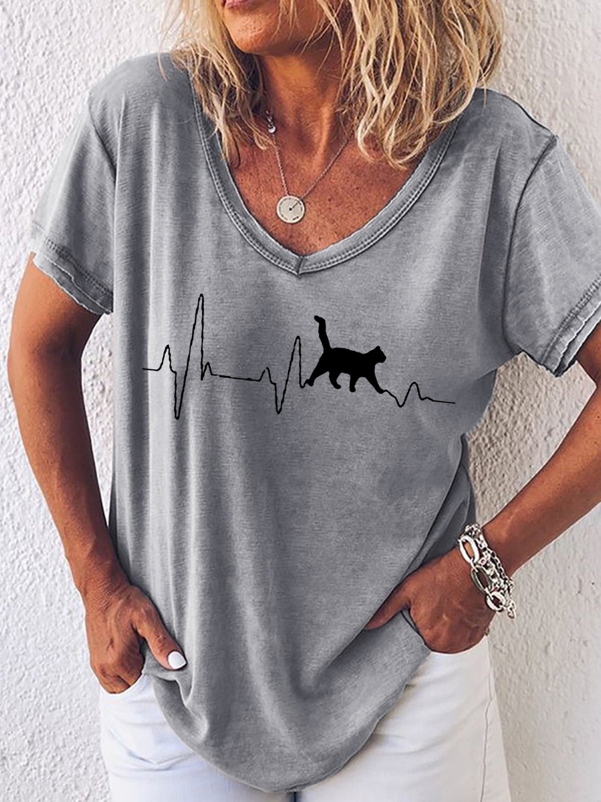 Women's Fashion Funny Cat Heartbeat Lifeline Print Casual T-Shirt