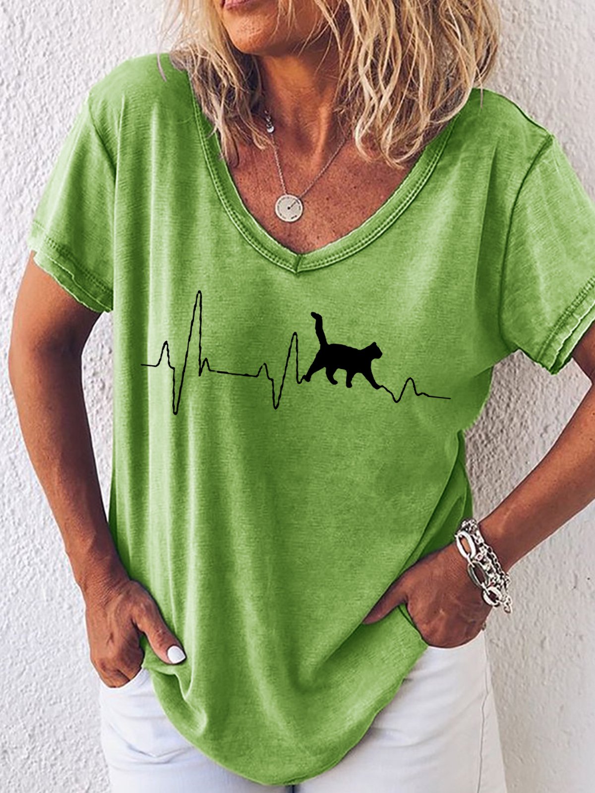 Women's Fashion Funny Cat Heartbeat Lifeline Print Casual T-Shirt