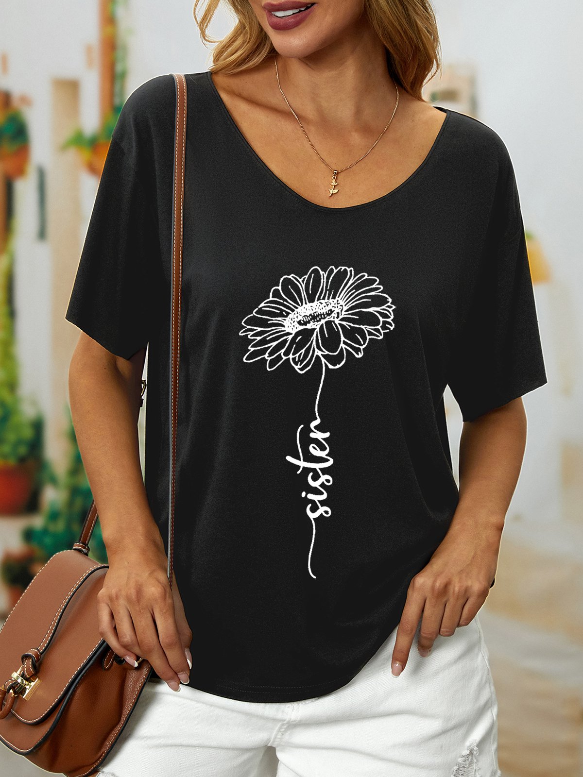 Women Funny Sister cursive type sunflower Cotton-Blend T-Shirt