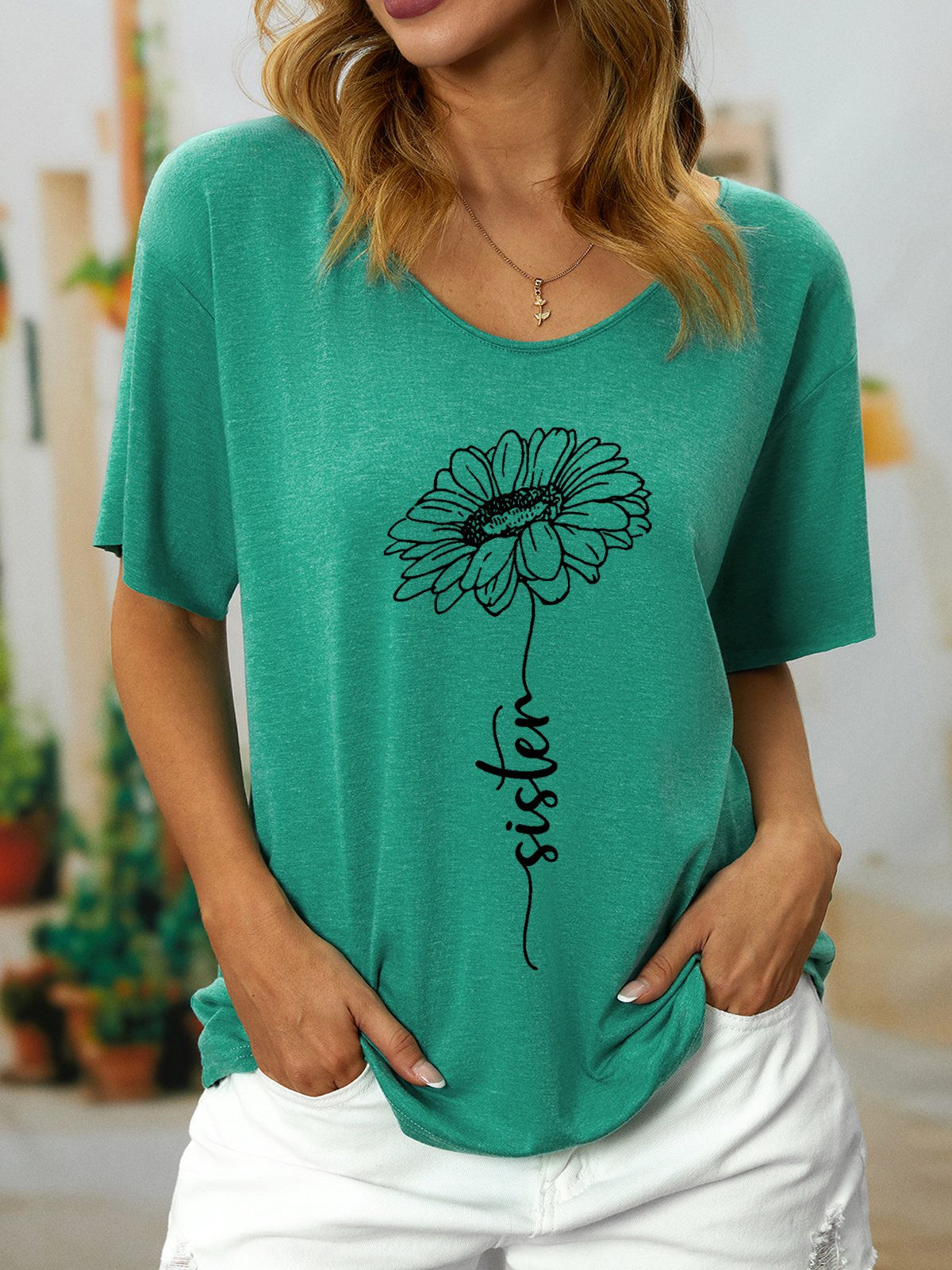 Women Funny Sister cursive type sunflower Cotton-Blend T-Shirt