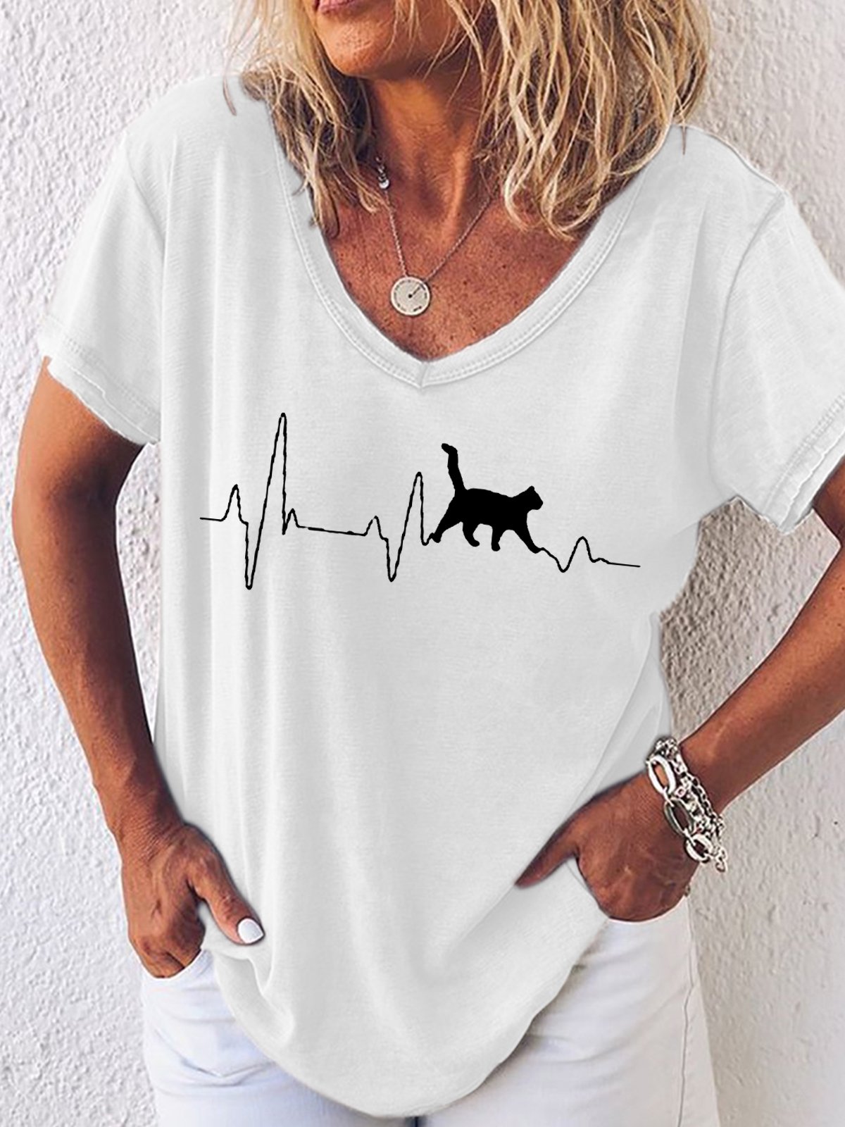 Women's Fashion Funny Cat Heartbeat Lifeline Print Casual T-Shirt