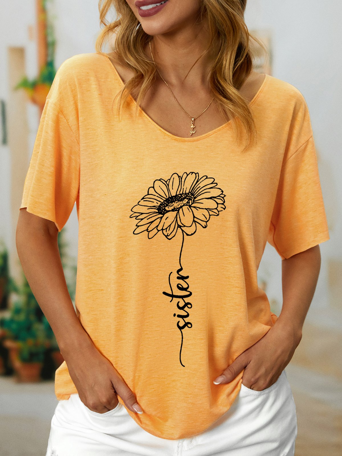 Women Funny Sister cursive type sunflower Cotton-Blend T-Shirt