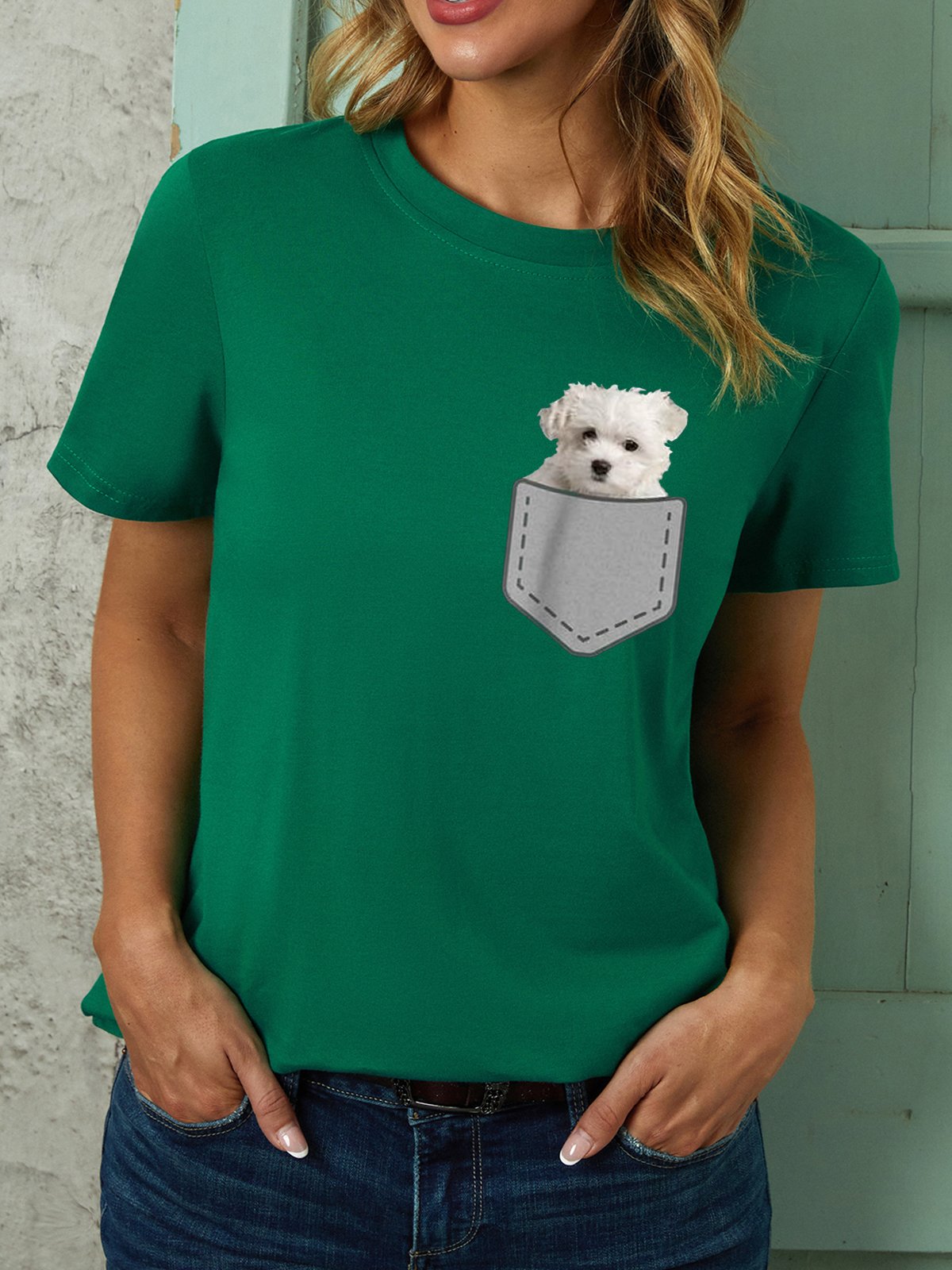 Womens Cute Puppy Dog In Your Pocket Crew Neck Tops