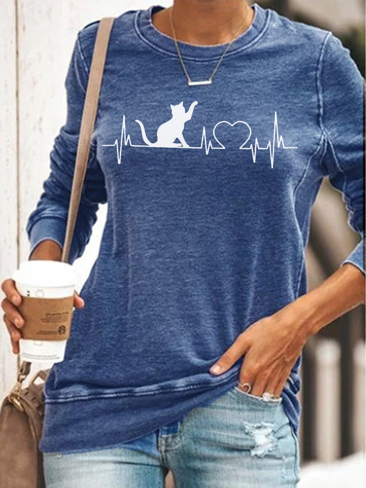 Womens Cute Heartbeat Cat Lover Crew Neck Sweatshirt